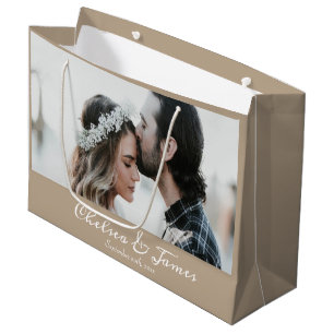 Photo Elegant Taupe and White Calligraphy Name Large Gift Bag