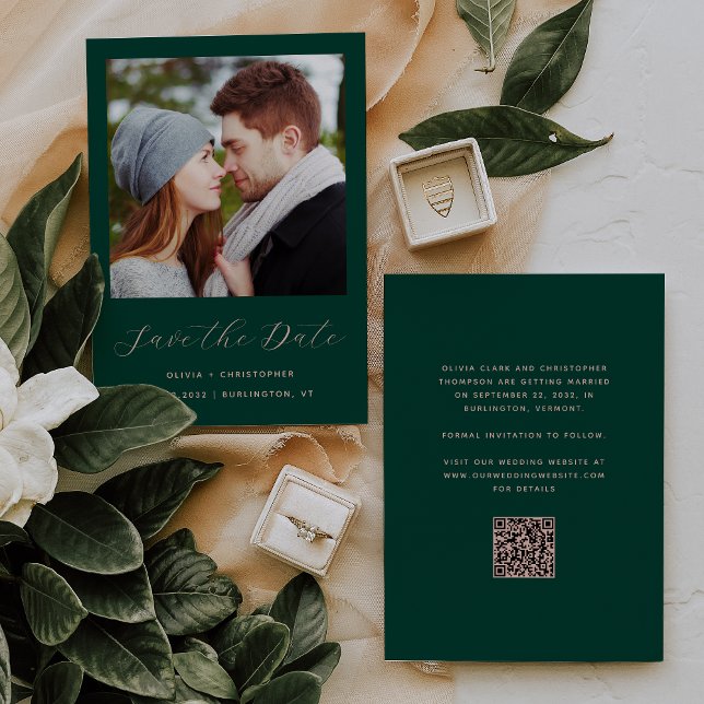 Photo Emerald Green Blush Script QR Code Save The Date (Creator Uploaded)