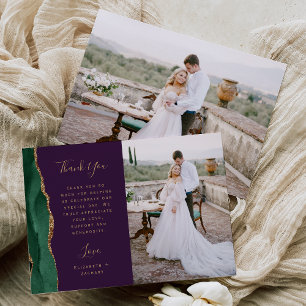 Photo Emerald Green Gold Agate Purple Wedding Thank You Card