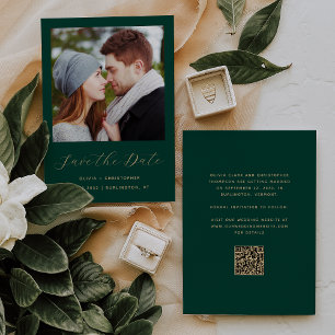 Photo Emerald Green Gold Script QR Code Save The Date