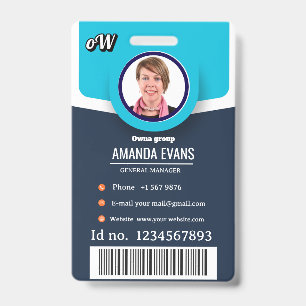 Photo Employee Logo or QR CODE blue Badge ID Badge