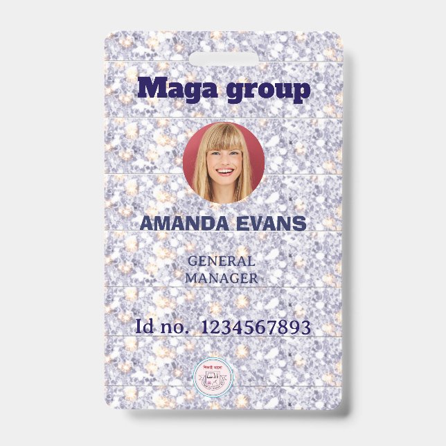 Photo Employee Logo or QR CODE glitter ID Badge (Front)