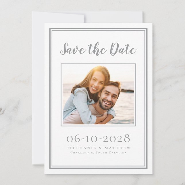 Photo Engagement Wedding Simple Grey White   Save The Date (Front)