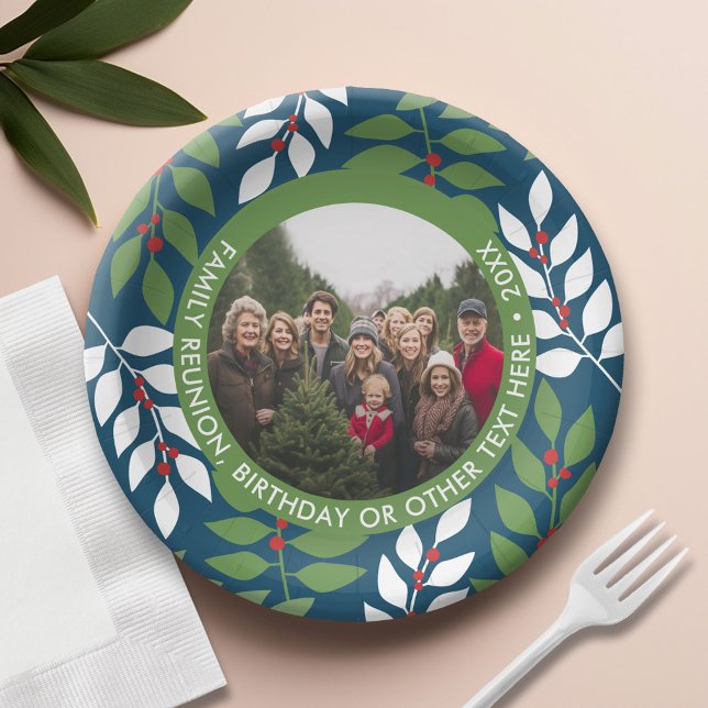 Photo - Eucalyptus Border - Red Blue Green Family Paper Plate (Custom Paper Plate)