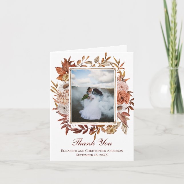 Photo Fall Autumn Floral Pink White Brown Wedding  Thank You Card (Front)