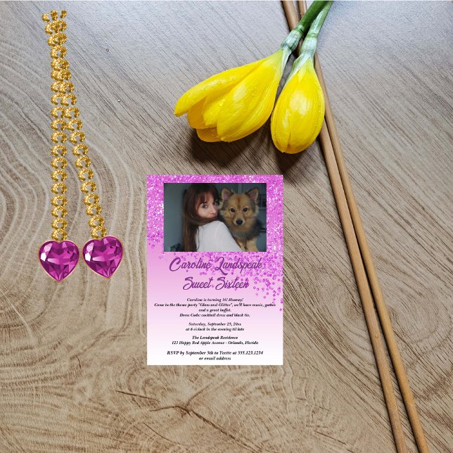 Photo & Falling Pink Glitter Sweet Sixteen Invitation (Creator Uploaded)