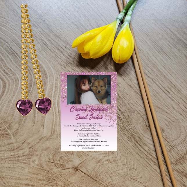 Photo & Falling Rose Gold Glitter Sweet Sixteen Invitation (Creator Uploaded)