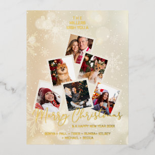 Photo Family Gold Christmas Tree & Happy New Year Foil Holiday Postcard