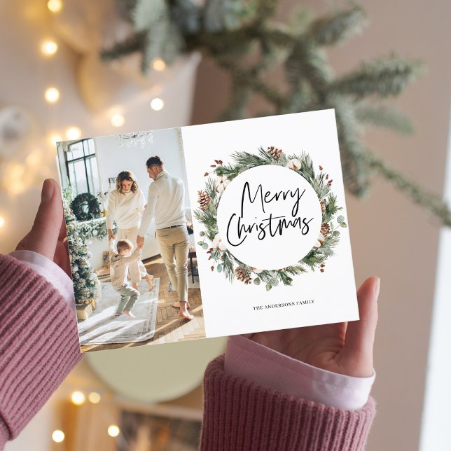  Photo Family | Merry Christmas Pine Wreath Postca Postcard (Creator Uploaded)