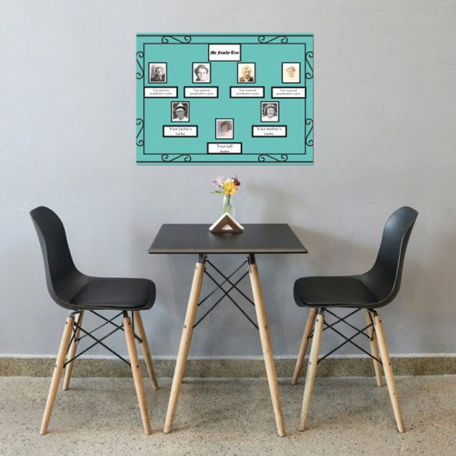 Photo Family Tree Wrought Iron Look Border on Teal Poster (Creator Uploaded)