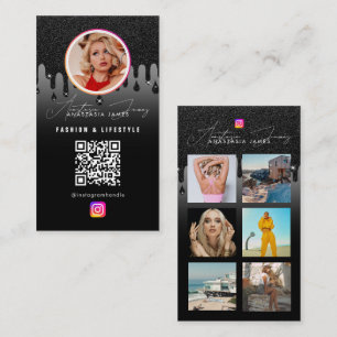 Photo Feed Grid Social Media QR Code Black Glitter Business Card