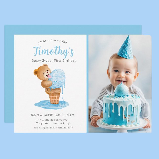 Photo First Birthday Boy Teddy Bear Ice Cream Invitation (Creator Uploaded)
