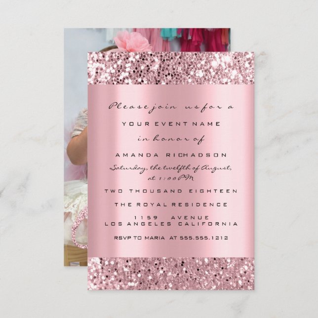 Photo First Birthday Party Glitter Rose Pink Invitation (Front/Back)