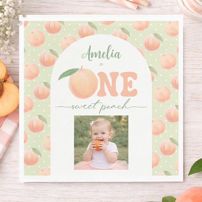 Photo First Birthday Party One Sweet Peach Party Napkin (Photo First Birthday Party One Sweet Peach Party Napkins)