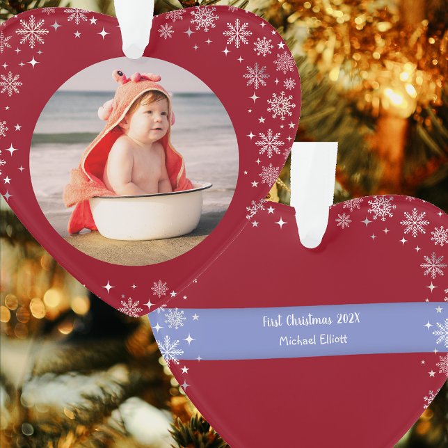 Photo First Christmas Baby Boy Cute Snow Red Heart Ornament (Elegant Cute Modern My First Christmas Baby Personalized Name Year 1 Photo Snowflakes Heart-Shaped)