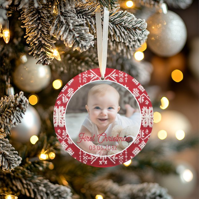 Photo First Christmas Classic Rustic Pattern Ornament (Cute Baby's First Christmas holiday photo ornament features a rustic pattern in classic, traditional)