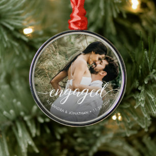Photo First Christmas engaged Elegant White script Metal Tree Decoration