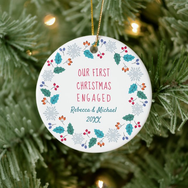 Photo First Christmas Engaged Winter Woodland Ceramic Tree Decoration (Tree)