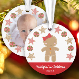Photo First Christmas Gingerbread Girl Baby Red Ornament