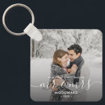 Photo First Christmas Married White Script Key Ring<br><div class="desc">Commemorate the first Christmas of your marriage with this keepsake photo keychain. The white text reads "Our first Christmas as Mr & Mrs, " with the words "Mr & Mrs" in elegant handwriting script with flourishes before and after. Replace the sample image with your favourite photo, and add your last...</div>