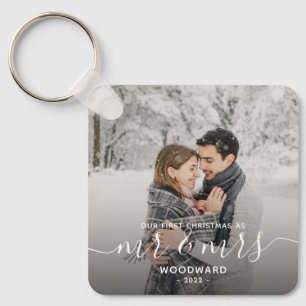 Photo First Christmas Married White Script Key Ring