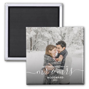 Photo First Christmas Married White Script Magnet