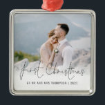 Photo First Christmas Mr Mrs Name Year Metal Tree Decoration<br><div class="desc">Photo Overlay First Christmas As Mr And Mrs Name Year. To celebrate your first holiday as a married couple, easily personalise your names and year. With a stylish set script for First Christmas. Choose your favourite photo to replace the sample picture. Changes to colours of text can be made to...</div>