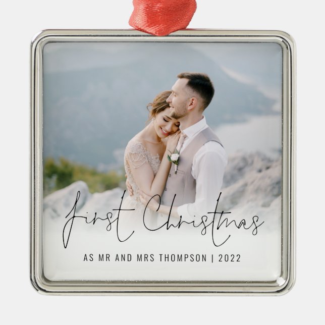 Photo First Christmas Mr Mrs Name Year Metal Tree Decoration (Front)