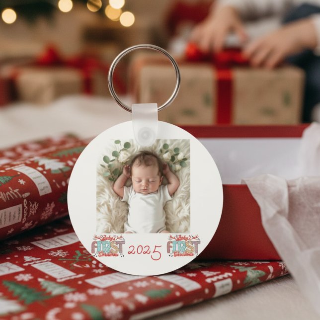 Photo First Christmas Red Personalise Key Ring (Creator Uploaded)