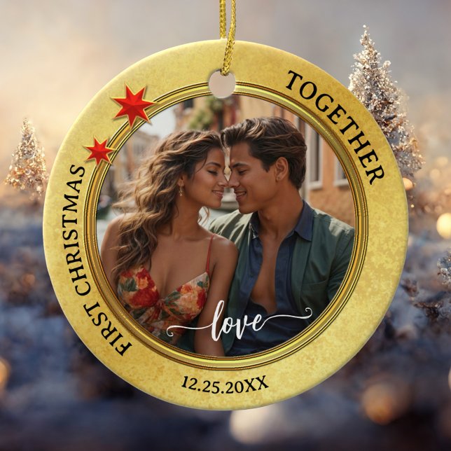 Photo First Christmas Together Gold Star Ceramic Tree Decoration (Christmas ornament featuring your photo framed by an elegant gold metallic design with red stars)
