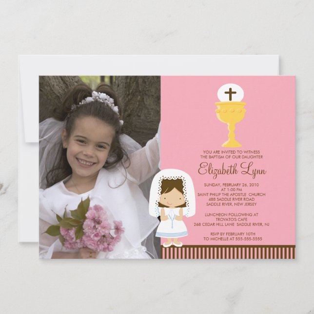 Photo First Communion Invitation Brunette Girl (Front)