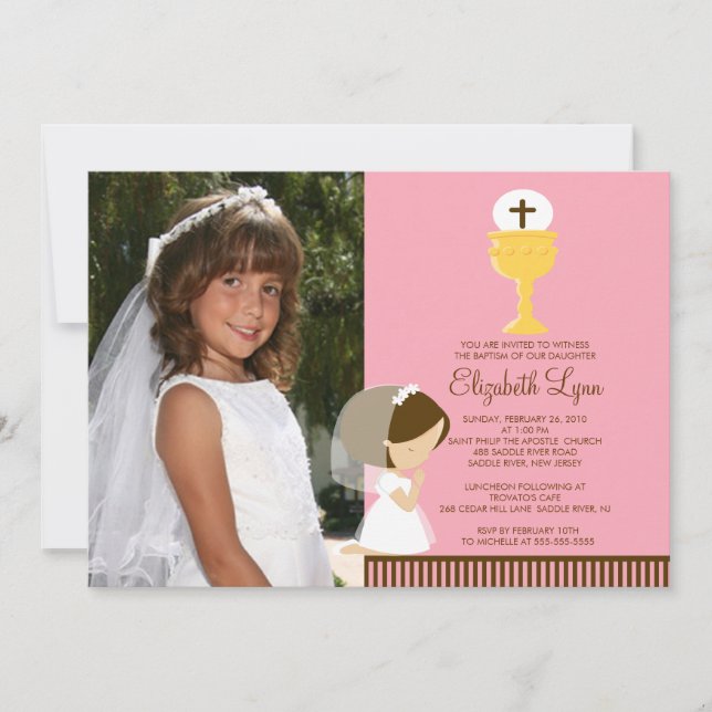 Photo First Communion Invitation Praying Girl Pink (Front)