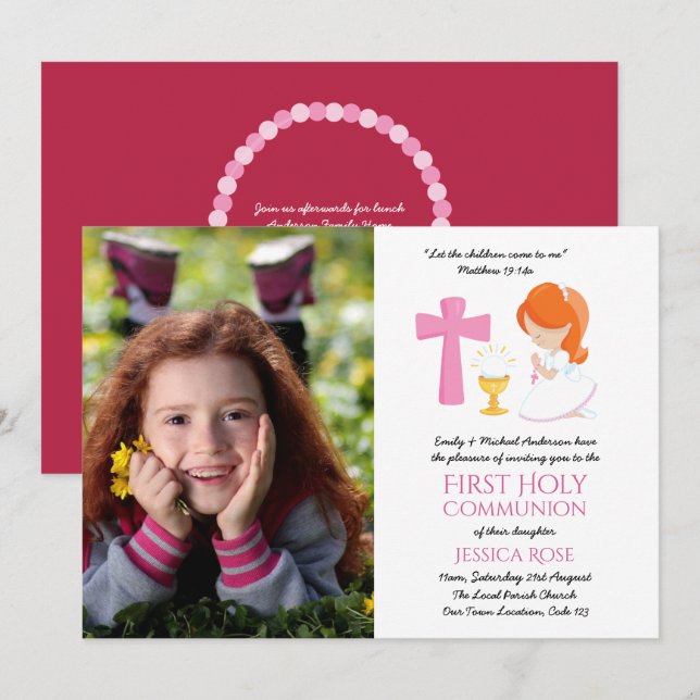 PHOTO First Holy Communion Invites Girl RED Hair (Front/Back)