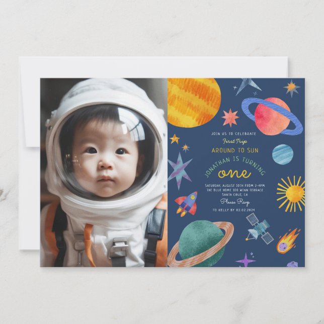 Photo First trip aroundsun astronaut 1st Birthday Invitation (Front)