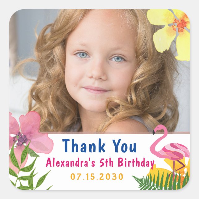 Photo Flamingo Girl Birthday Thank You Square Sticker (Front)