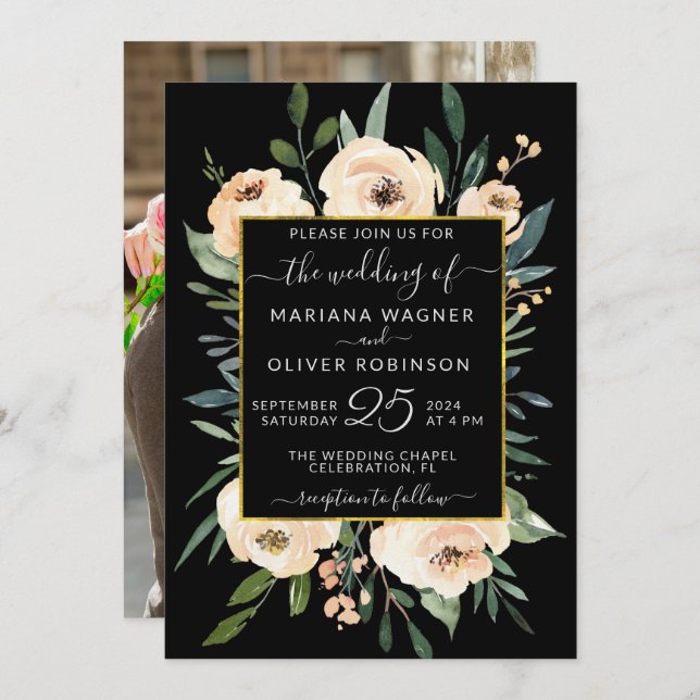 Photo Floral Beige Blush Roses Gold Black Wedding Invitation (Front/Back)