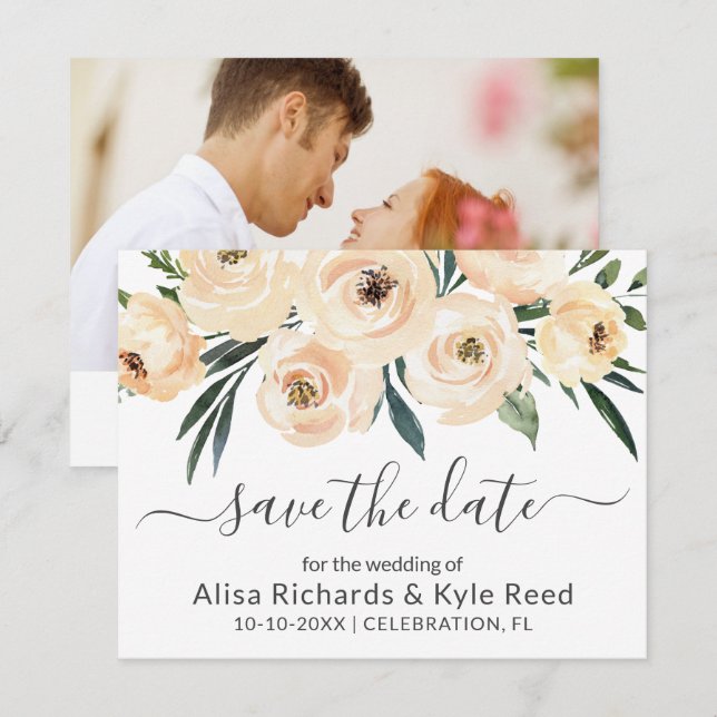 Photo Floral Beige Blush Roses Gold Save the Date Announcement (Front/Back)