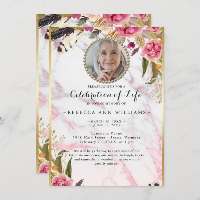 Photo Floral Blush Elegant Celebration of Life Invitation (Front/Back)