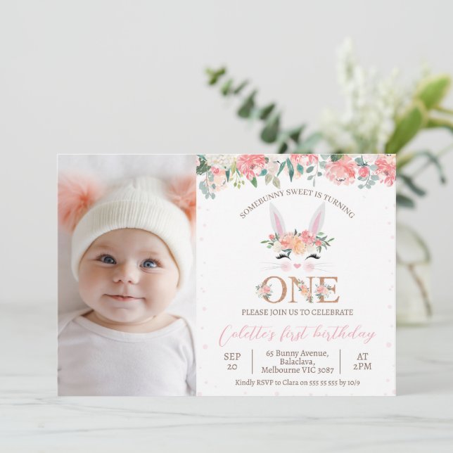 Photo Floral Bunny Face Some Bunny 1st Birthday Invitation (Standing Front)