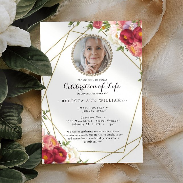 Photo Floral Burgundy Blush Celebration of Life  Invitation (Creator Uploaded)