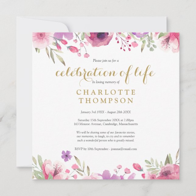 Photo Floral Celebration of Life Funeral Invitation (Front)