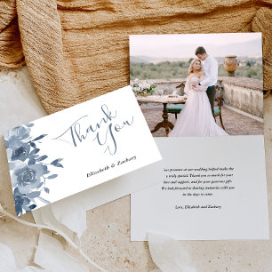 Photo Floral Dusty Blue Wedding Thank You Card