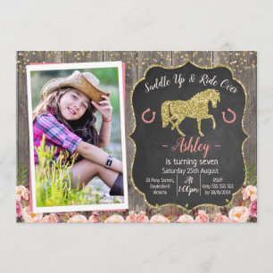 Photo Floral Glitter Horse Birthday Invitation