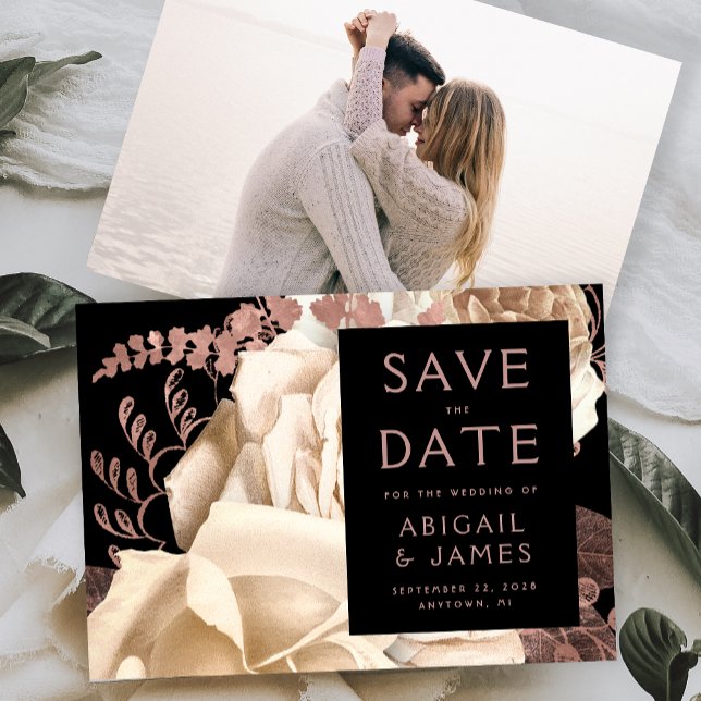 Photo Floral Ivory Rose Gold Save the Date Invitation (Creator Uploaded)