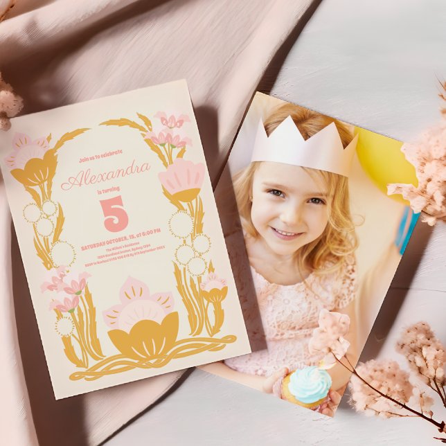Photo Floral Pink Gold kids Birthday Invitation (Creator Uploaded)