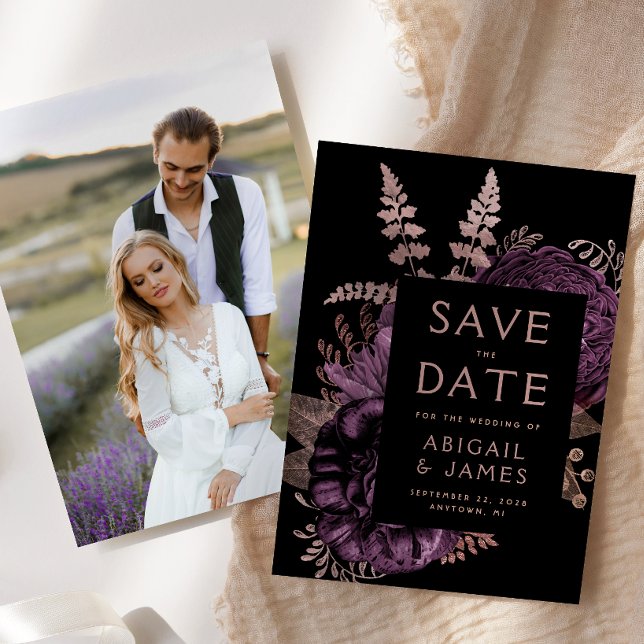 Photo Floral Purple Rose Gold Save the Date Invitation (Creator Uploaded)