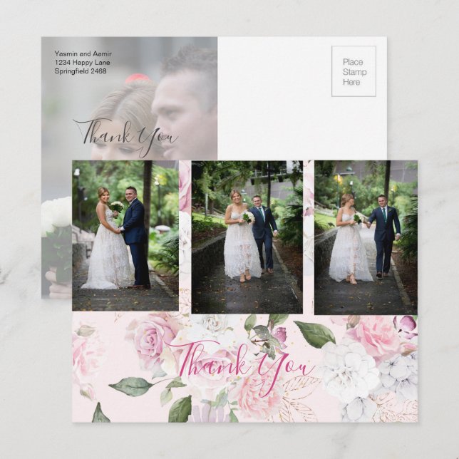 Photo Floral Roses Romantic Wedding Thank You  Postcard (Front/Back)