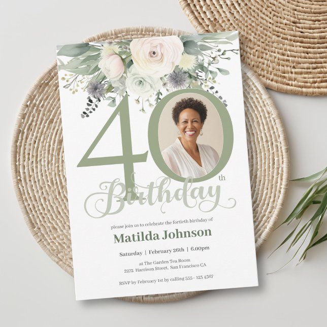 Photo Floral Sage 40th Birthday  Invitation (Photo Floral Sage 40th Birthday Invitation)