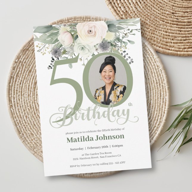 Photo Floral Sage 50th Birthday  Invitation (Photo Floral Sage 50th Birthday Invitation)
