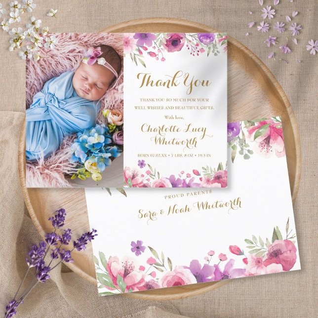 Photo Floral Script Thank You Birth Announcement  Postcard (Creator Uploaded)